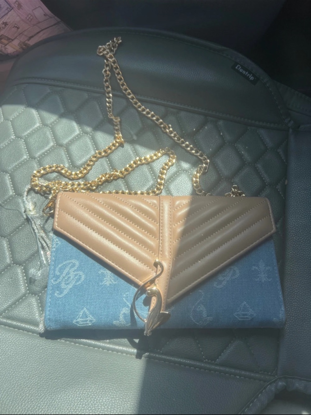 Baby Phat Quilted Tan & Blue Chain Crossbody Bag